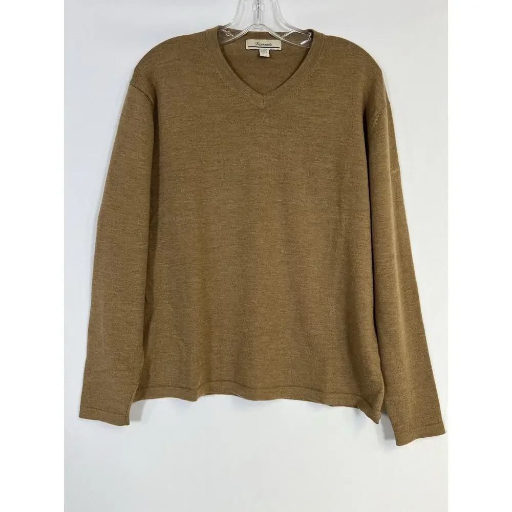 VTG Faconnable Sweater Mens L Merino Wool V Neck Pullover Brown Preppy‎